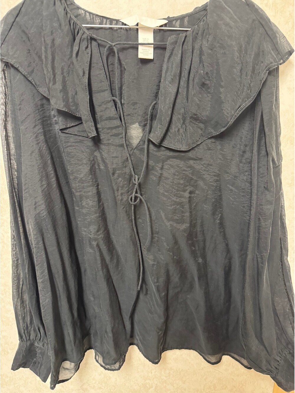 H&M Black Sheer Ruffle Collar Tie Front Blouse Women's XL